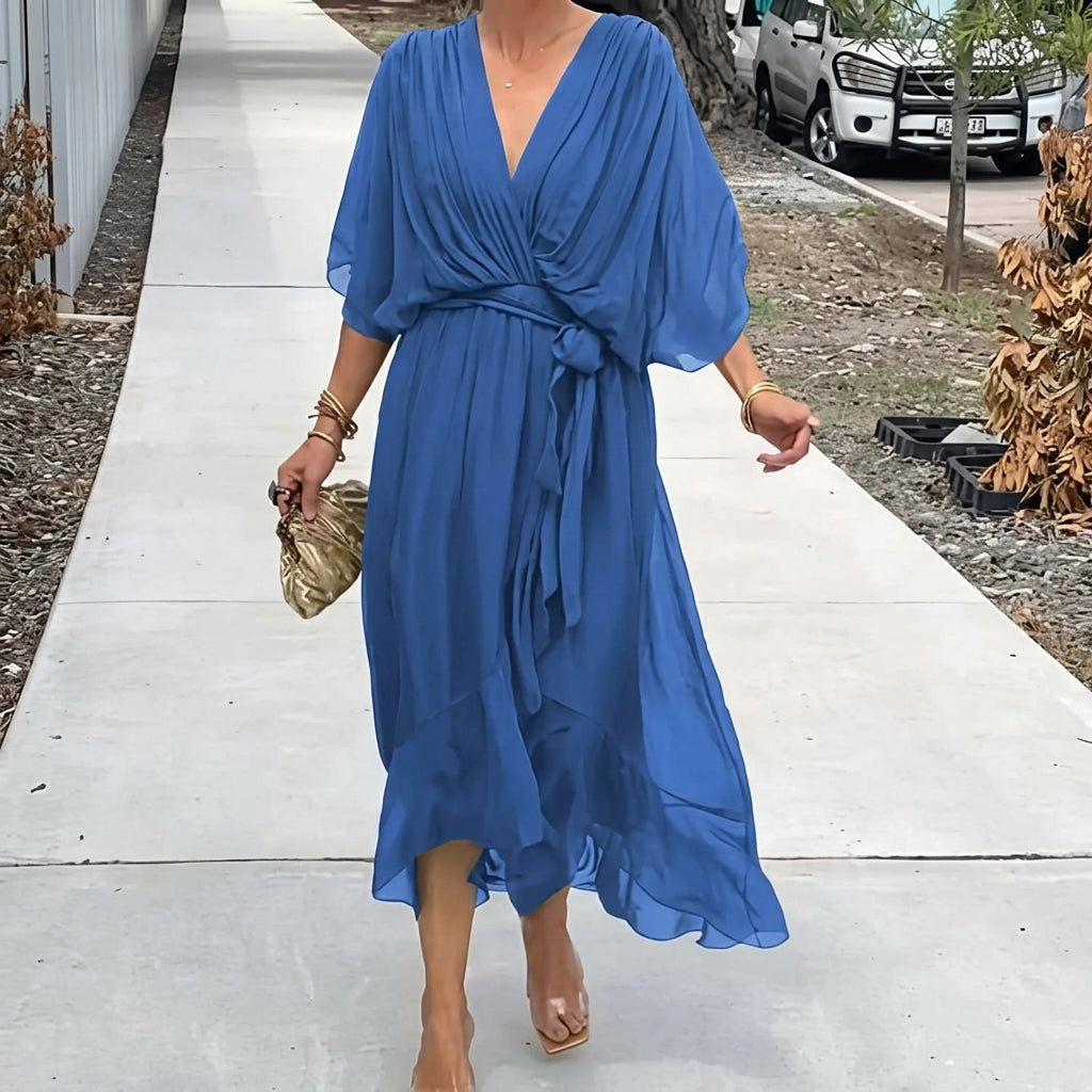Ava – Solid V-Neck Lace-Up Midi Dress