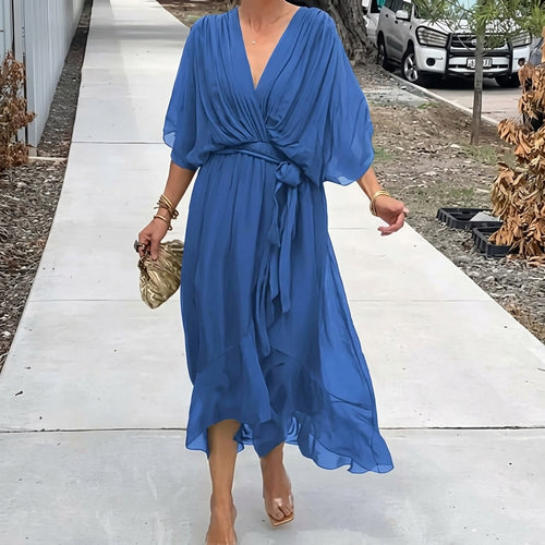 Ava – Solid V-Neck Lace-Up Midi Dress