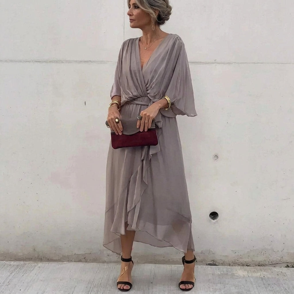 Ava – Solid V-Neck Lace-Up Midi Dress
