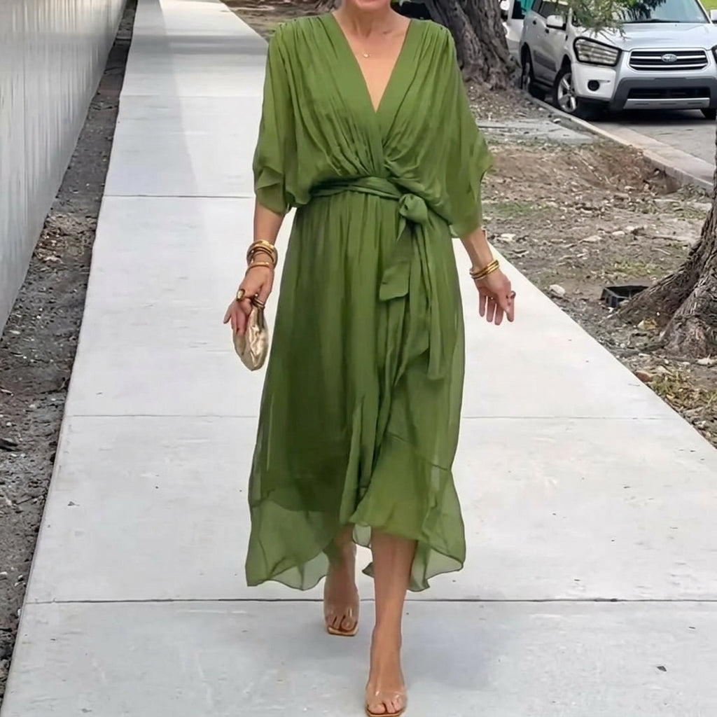 Ava – Solid V-Neck Lace-Up Midi Dress