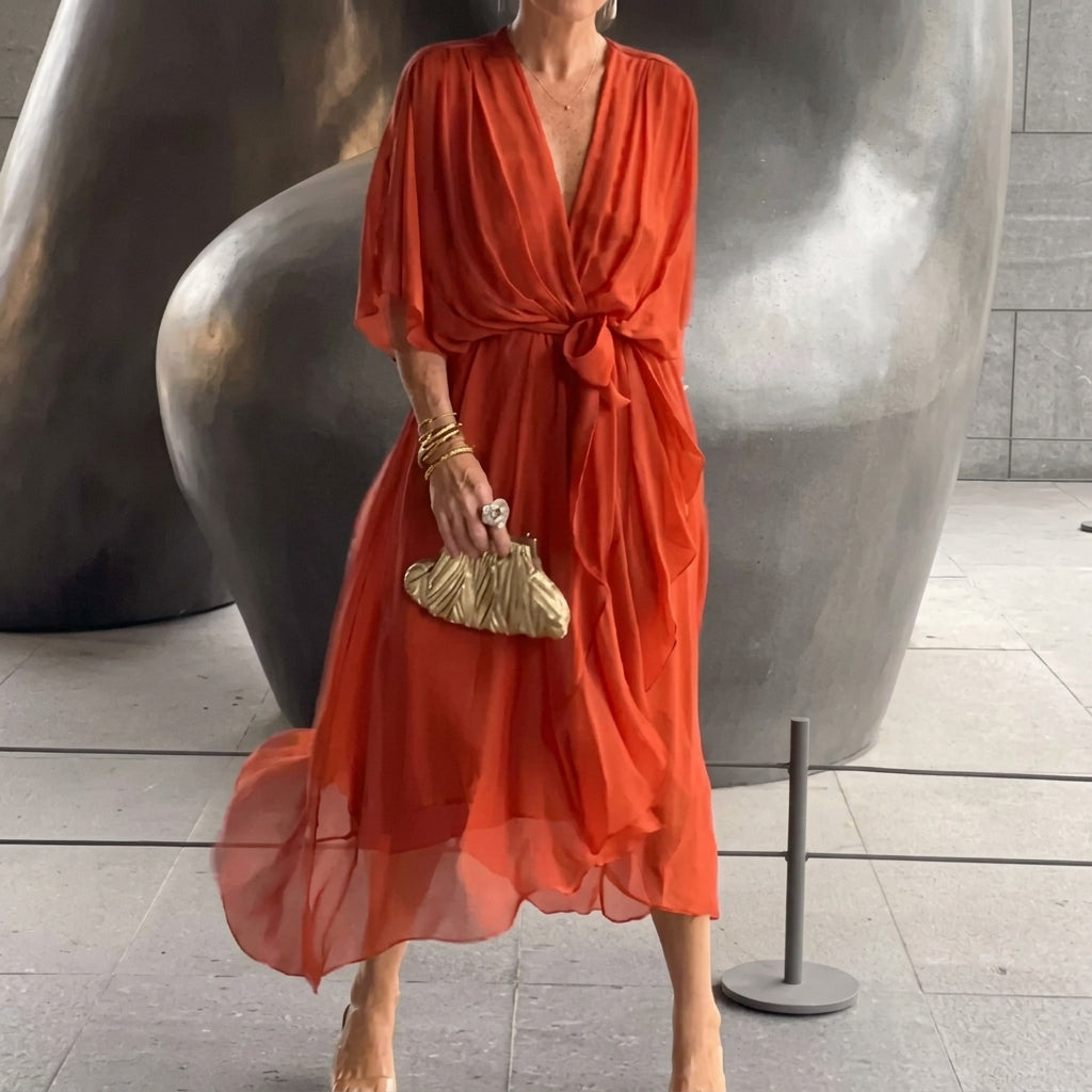 Ava – Solid V-Neck Lace-Up Midi Dress