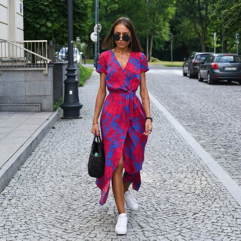 Madison – Printed V-Neck Lace-Up Mini Dress