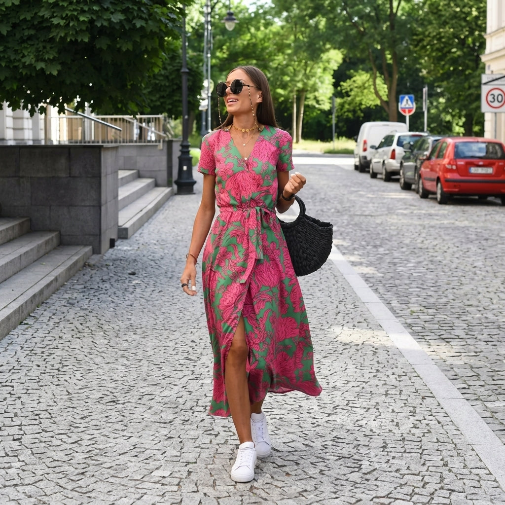 Madison – Printed V-Neck Lace-Up Mini Dress