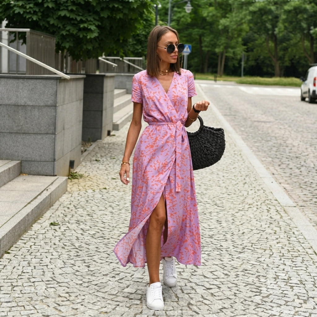Madison – Printed V-Neck Lace-Up Mini Dress
