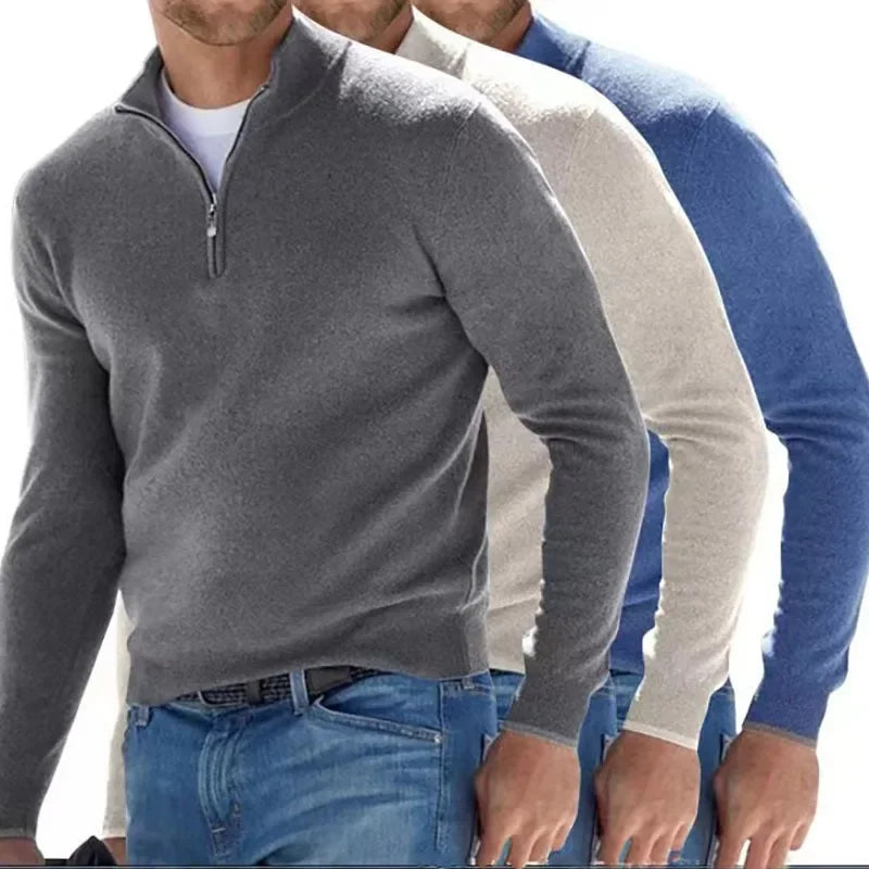 2024 Men's Autumn Long Sleeve V-neck Tops, New European and American Style Woolen Zipper Casual Business Slim Fit Polo Shirts