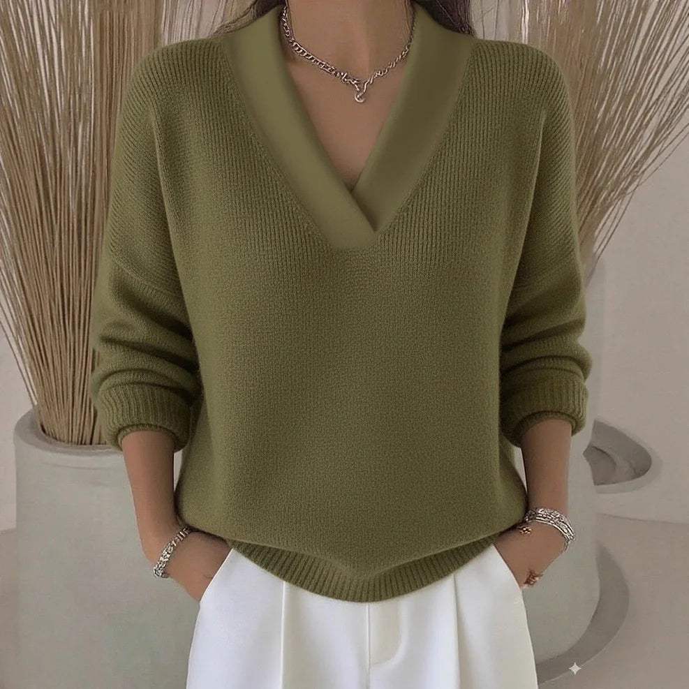 New Women V Neck Knit Sweater Long Sleeve Ribbed Cuff Loose Fit Solid Color Soft Warm Pullover Elegant Fall Winter Casual Jumper