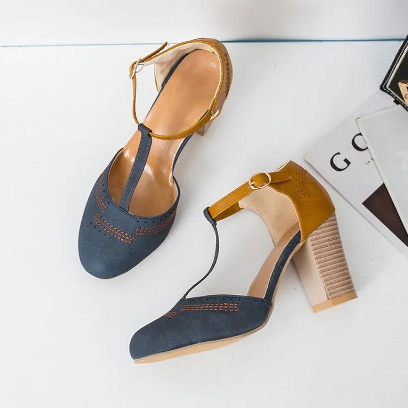 Clara – Color Block Buckle High-Heel Mules