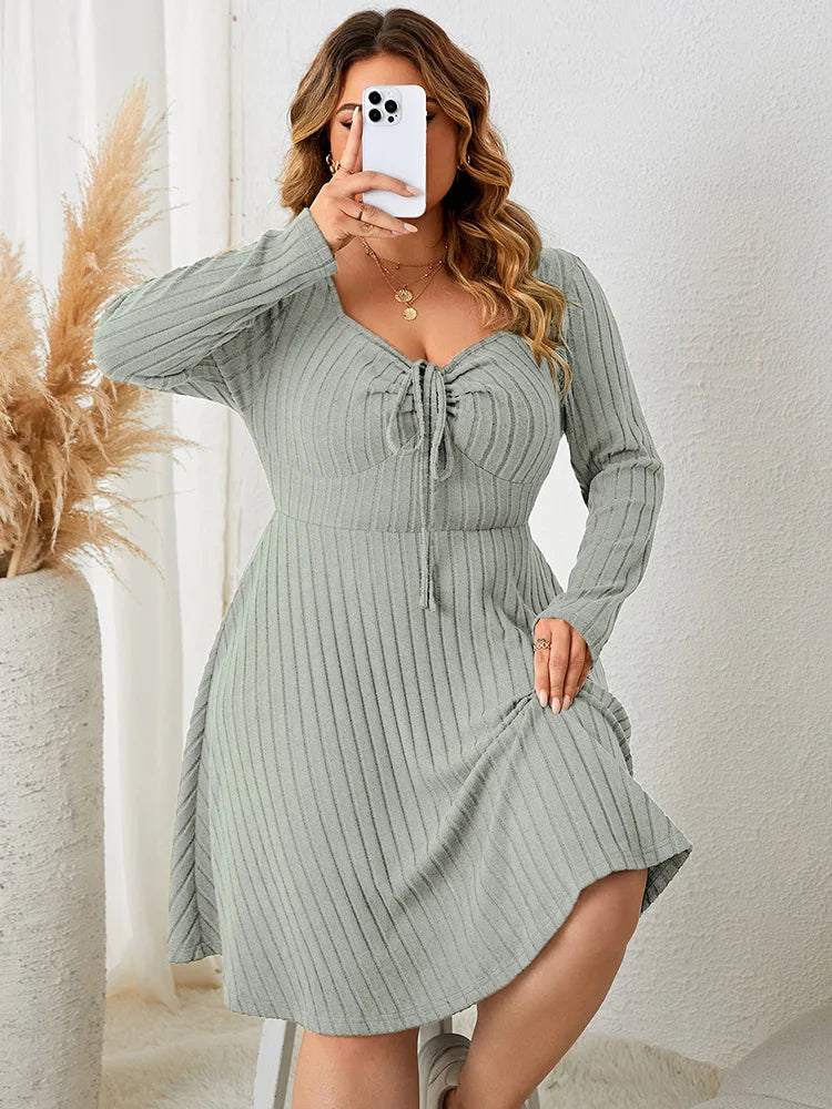 GIBSIE Plus Size Sweettheart Neck Knot Front A-Line Dress Women Fall New Vintage Long Sleeve Ribbed Knit Casual Winter Dresses