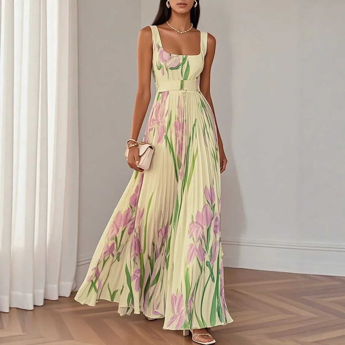 Sofia – Pleated Floral Square-Neck Maxi Dress