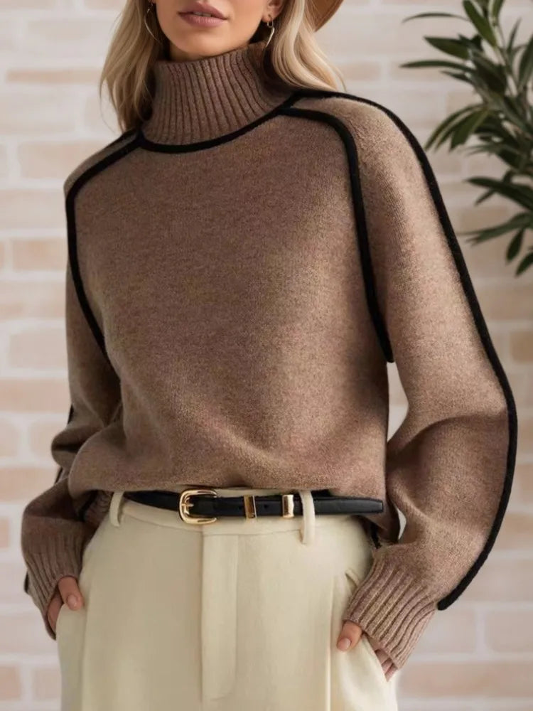 Autumn Winter Half-high Collar Three-dimensional Striped Slimming Casual Loose Pullover Sweater Top Women's Lazy Style Sweater