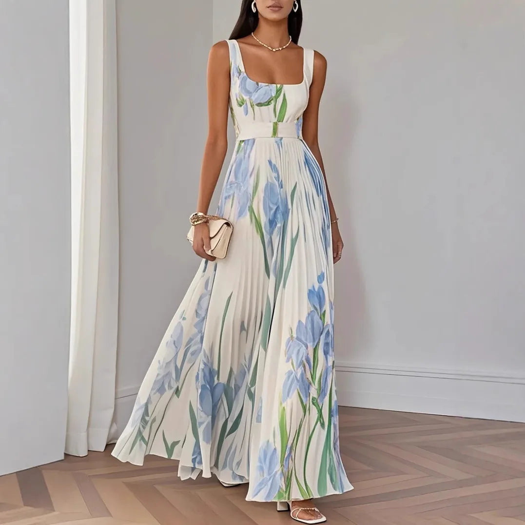 Sofia – Pleated Floral Square-Neck Maxi Dress