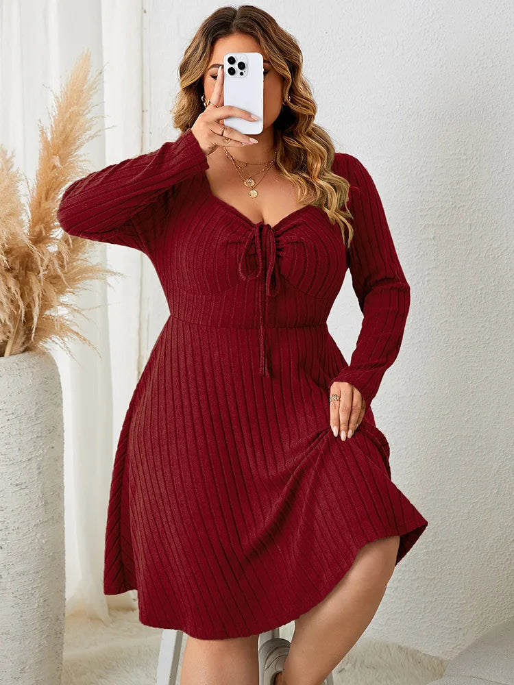 GIBSIE Plus Size Sweettheart Neck Knot Front A-Line Dress Women Fall New Vintage Long Sleeve Ribbed Knit Casual Winter Dresses