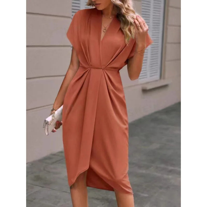 Amelia – V-Neck Waist-Tie Asymmetrical Midi Dress