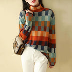 Ladies Checkered Knitted Pullover Oversized Color Block Turtleneck Sweater OL Commuter Winter Fashion