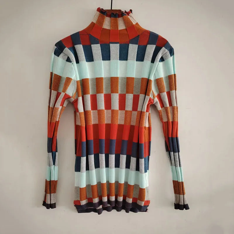 Ladies Checkered Knitted Pullover Oversized Color Block Turtleneck Sweater OL Commuter Winter Fashion