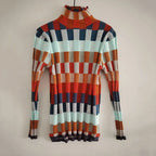 Ladies Checkered Knitted Pullover Oversized Color Block Turtleneck Sweater OL Commuter Winter Fashion