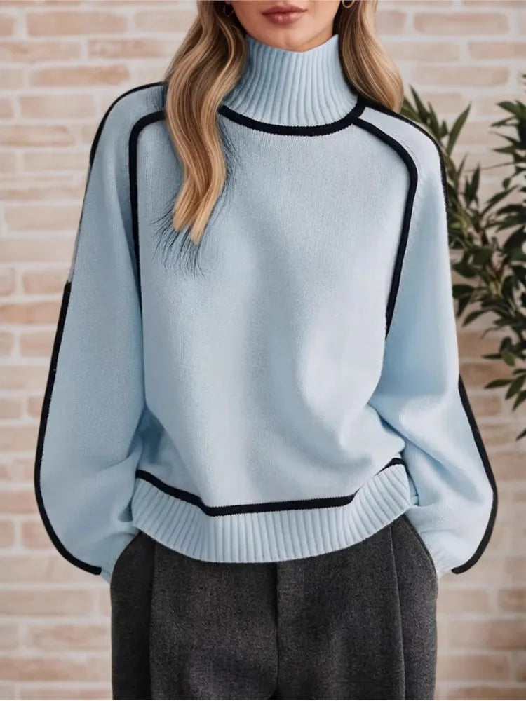 Autumn Winter Half-high Collar Three-dimensional Striped Slimming Casual Loose Pullover Sweater Top Women's Lazy Style Sweater