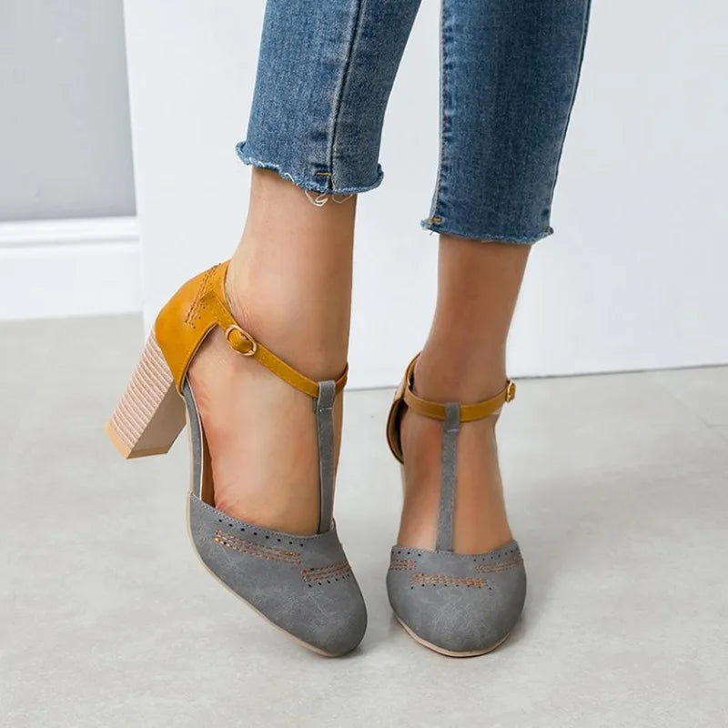 Clara – Color Block Buckle High-Heel Mules