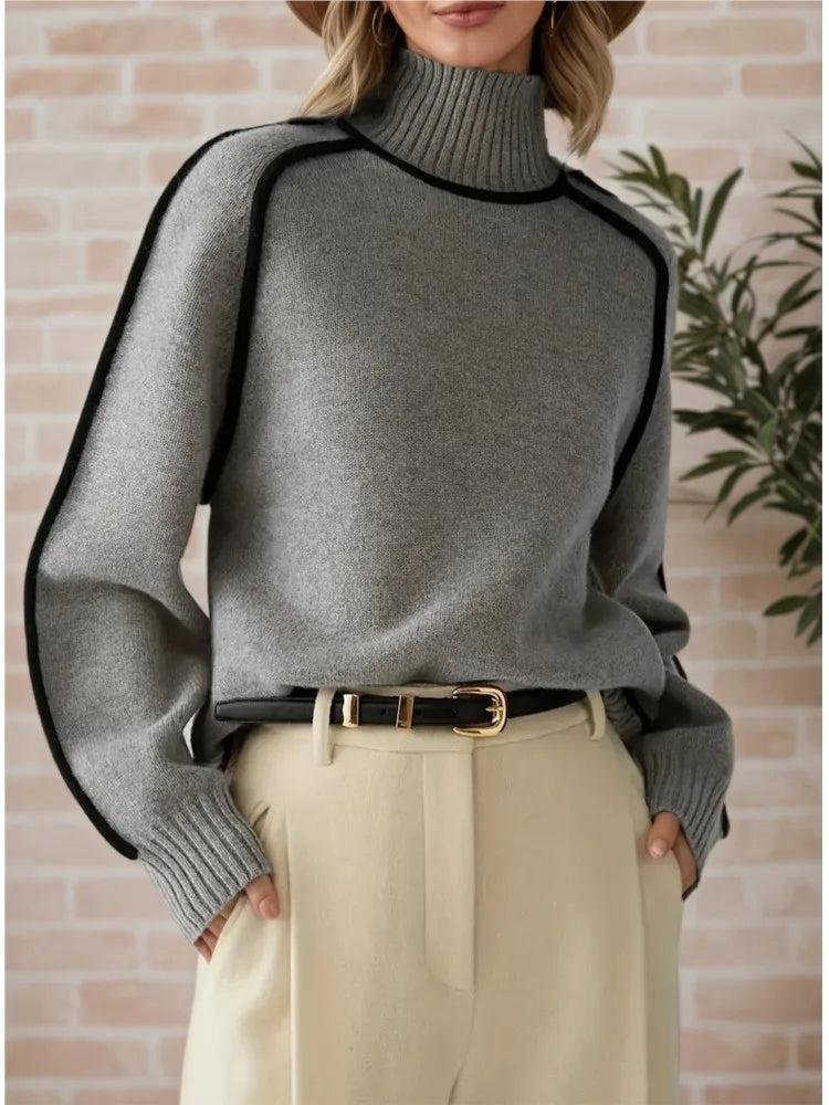 Autumn Winter Half-high Collar Three-dimensional Striped Slimming Casual Loose Pullover Sweater Top Women's Lazy Style Sweater