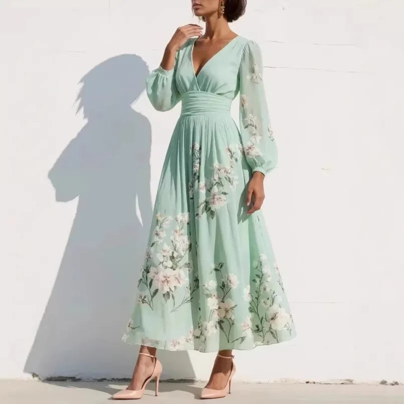 Sofia – V-Neck Printed A-Line Maxi Dress