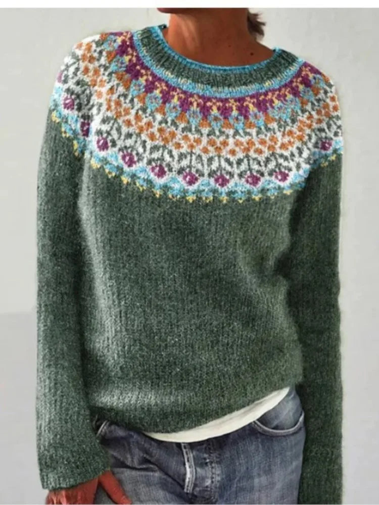 Sofia – Printed O-Neck Long-Sleeve Knit Sweater