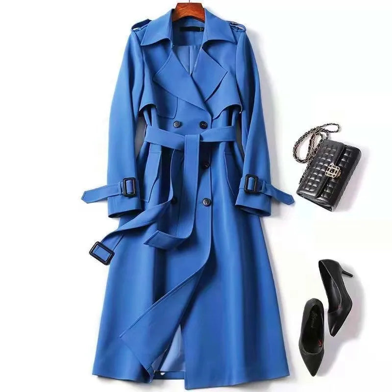 Women's Trench Coat 2024 Autumn Korean Long Jacket with Belt Solid Double-breasted British Style Khaki Coat For Women Red Blue