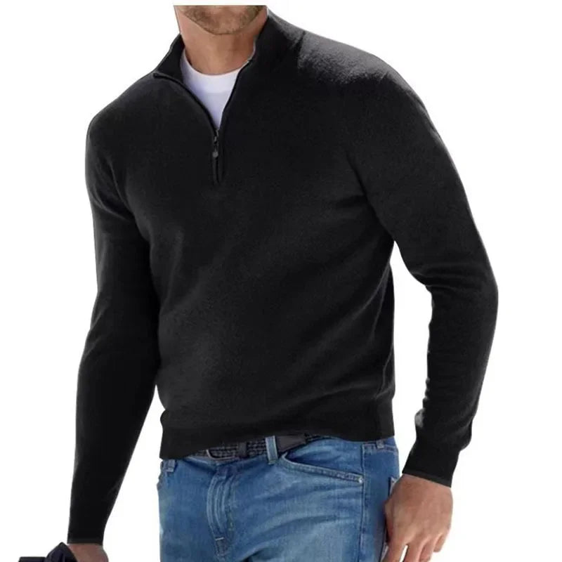 2024 Men's Autumn Long Sleeve V-neck Tops, New European and American Style Woolen Zipper Casual Business Slim Fit Polo Shirts