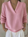 New Women V Neck Knit Sweater Long Sleeve Ribbed Cuff Loose Fit Solid Color Soft Warm Pullover Elegant Fall Winter Casual Jumper