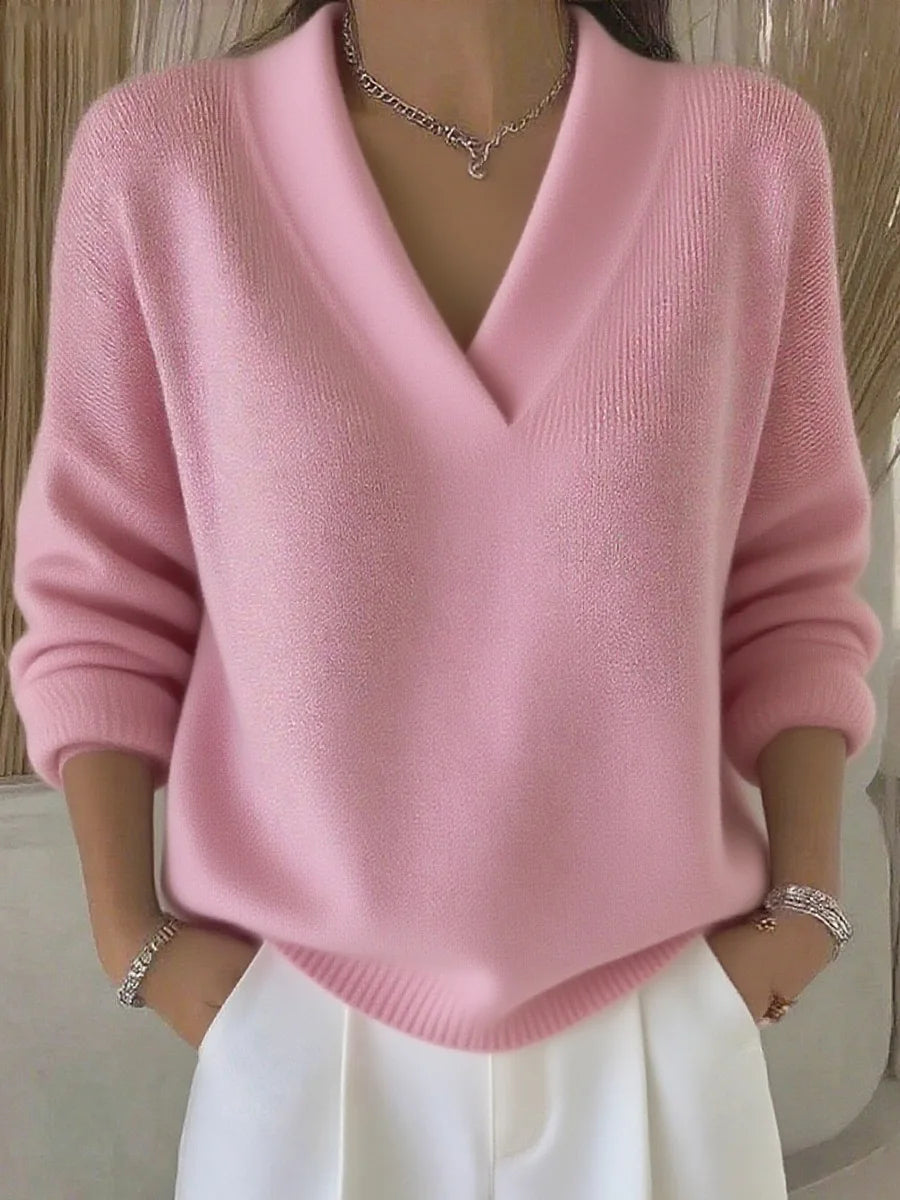 New Women V Neck Knit Sweater Long Sleeve Ribbed Cuff Loose Fit Solid Color Soft Warm Pullover Elegant Fall Winter Casual Jumper