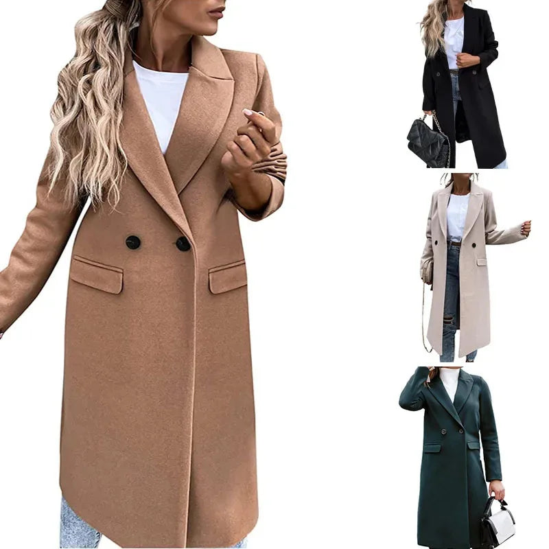 Casual Button Pocket Long Cardigan Woolen Trench Coats Autumn WInter Women Loose Solid Color Overcoats JYFS-8612