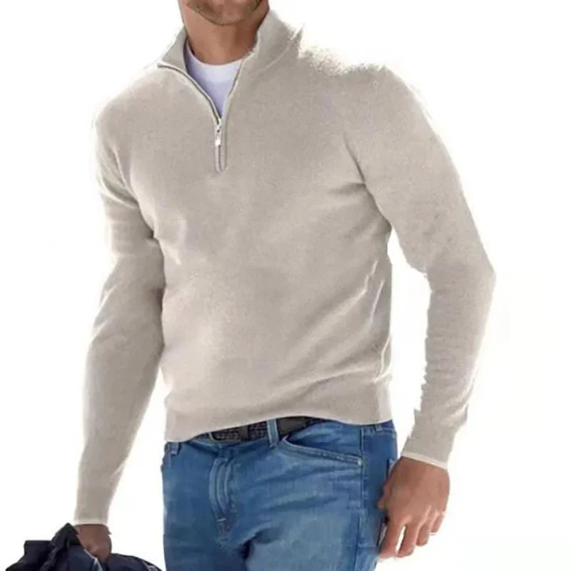 2024 Men's Autumn Long Sleeve V-neck Tops, New European and American Style Woolen Zipper Casual Business Slim Fit Polo Shirts