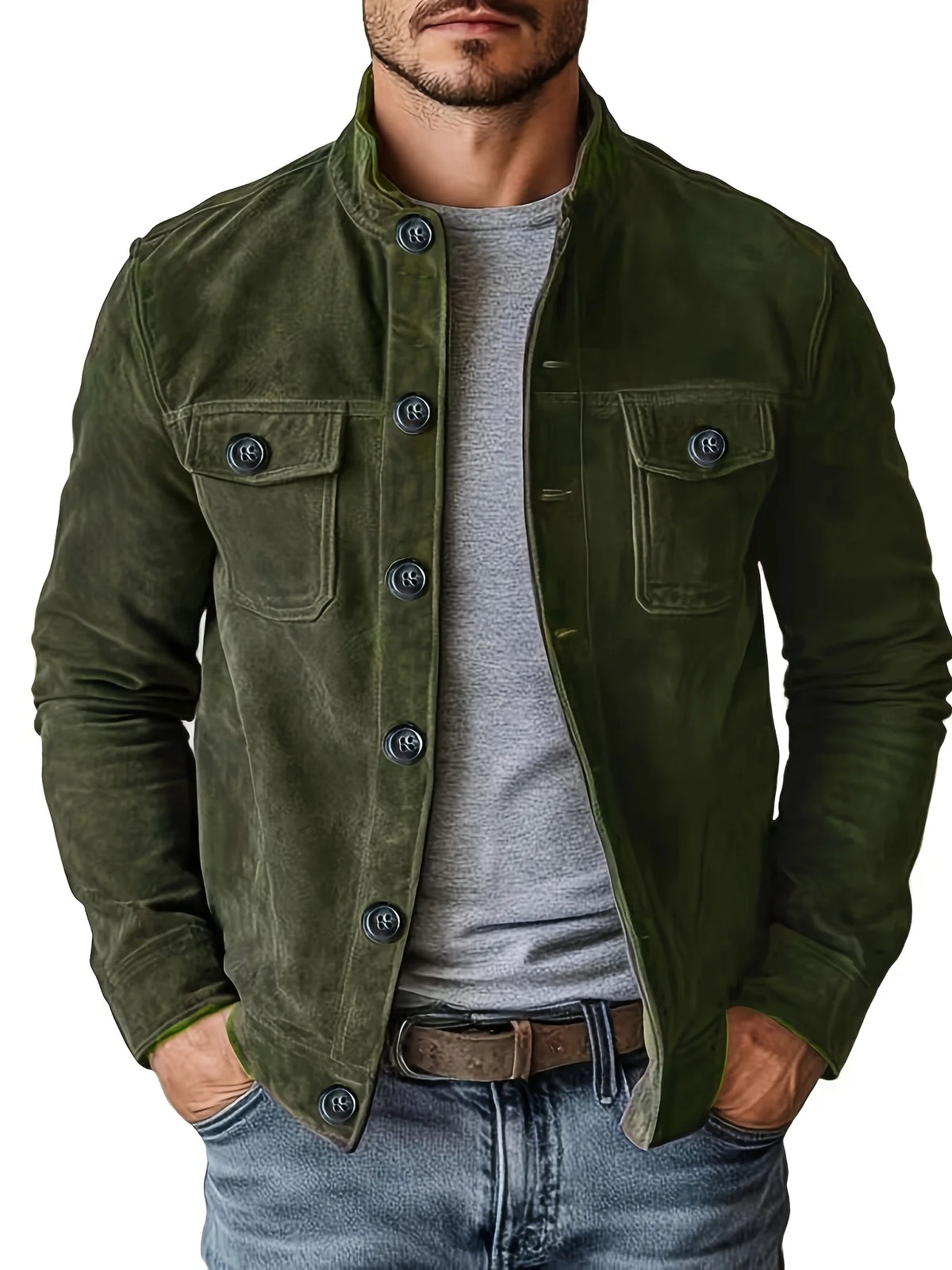 Men Retro Stand Collar Solid Color Faux Suede Jacket Button Front Chest Pockets Casual Workwear Motorcycle Workwear Outer Coat