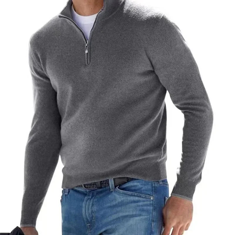 2024 Men's Autumn Long Sleeve V-neck Tops, New European and American Style Woolen Zipper Casual Business Slim Fit Polo Shirts