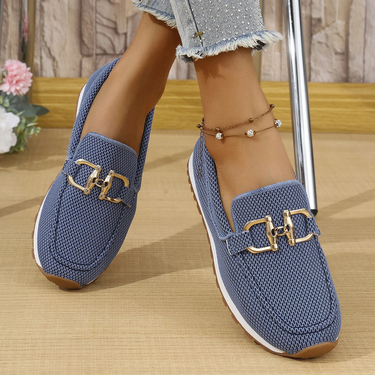 Clara – Metal Buckle Patchwork Slip-On Flats