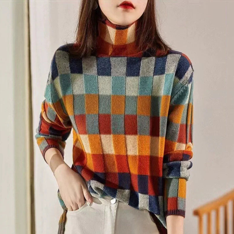 Ladies Checkered Knitted Pullover Oversized Color Block Turtleneck Sweater OL Commuter Winter Fashion