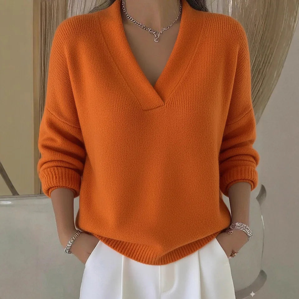 New Women V Neck Knit Sweater Long Sleeve Ribbed Cuff Loose Fit Solid Color Soft Warm Pullover Elegant Fall Winter Casual Jumper
