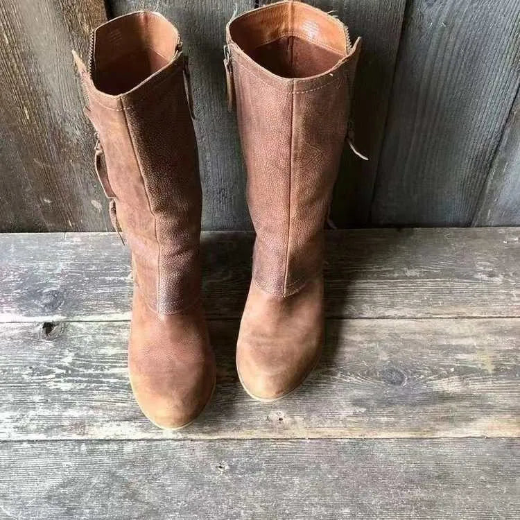 Sofia – Brown Pleated Suede Knee-High Boots