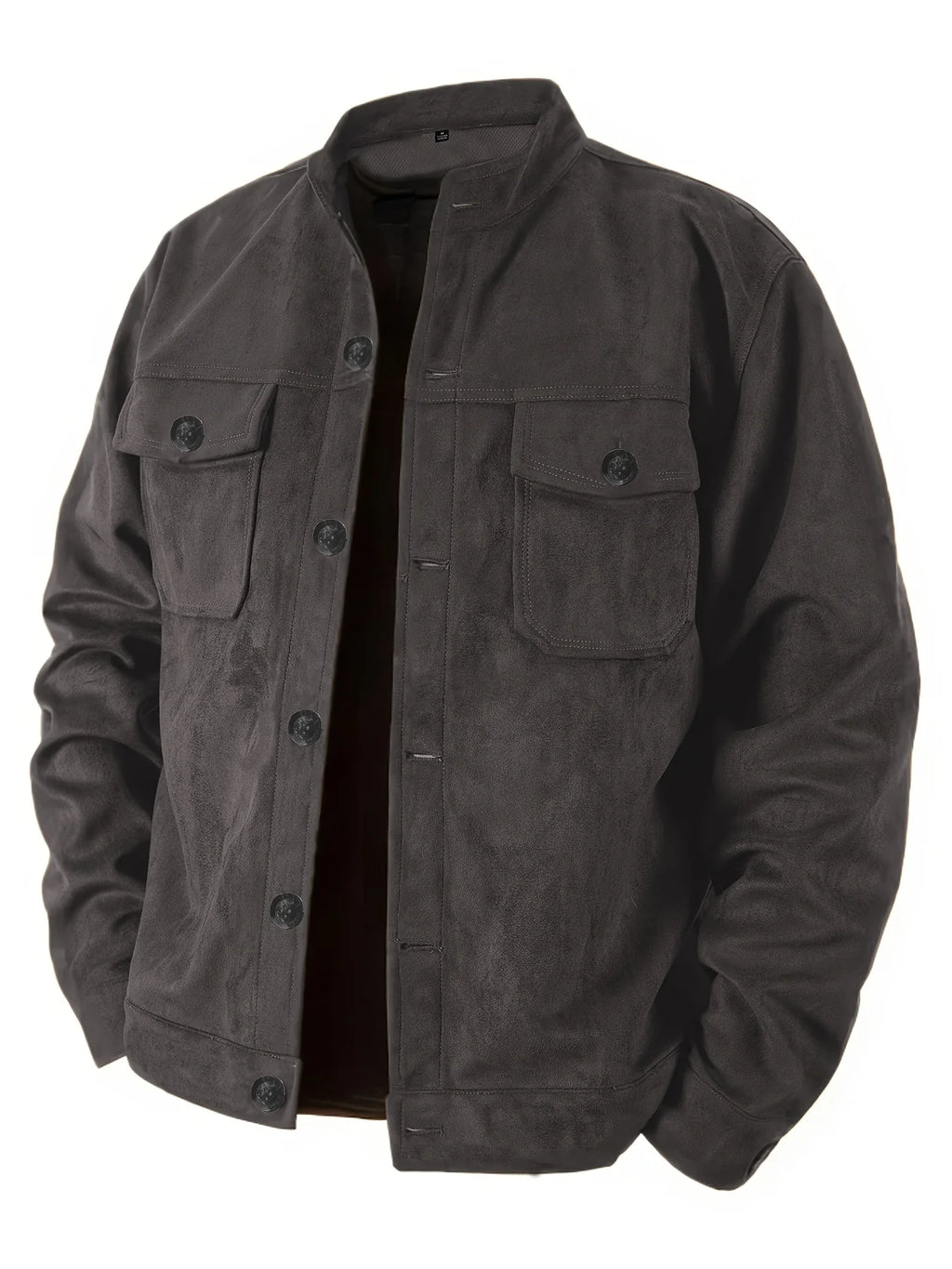 Men Retro Stand Collar Solid Color Faux Suede Jacket Button Front Chest Pockets Casual Workwear Motorcycle Workwear Outer Coat
