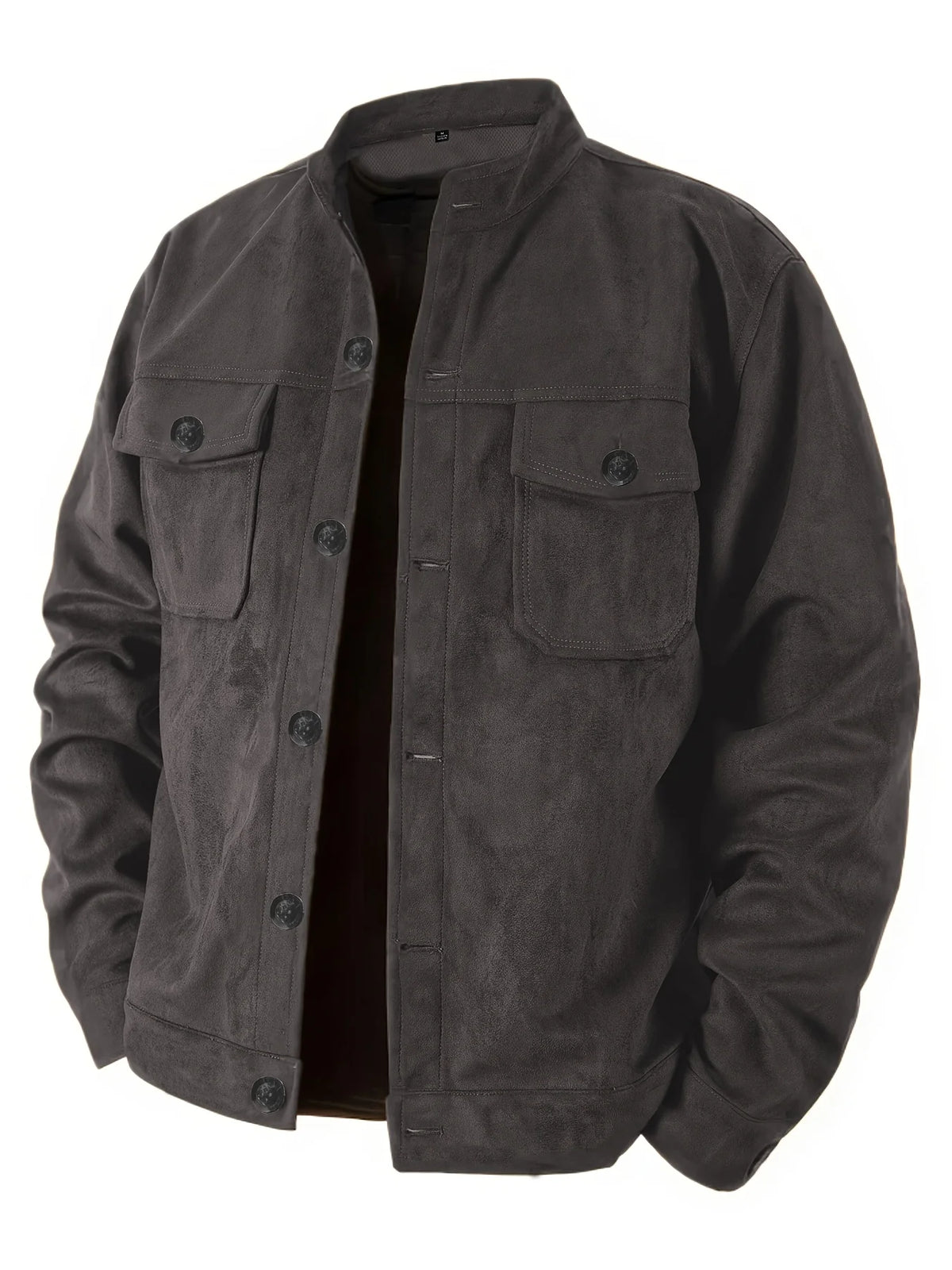 Men Retro Stand Collar Solid Color Faux Suede Jacket Button Front Chest Pockets Casual Workwear Motorcycle Workwear Outer Coat