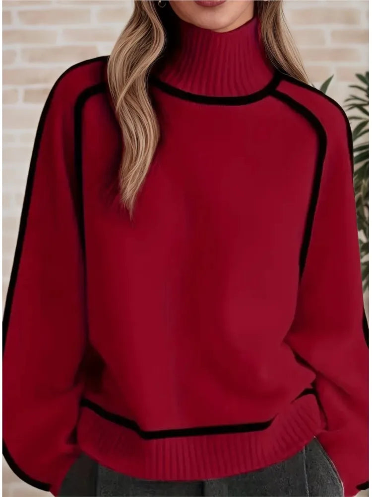 Autumn Winter Half-high Collar Three-dimensional Striped Slimming Casual Loose Pullover Sweater Top Women's Lazy Style Sweater