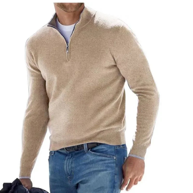 2024 Men's Autumn Long Sleeve V-neck Tops, New European and American Style Woolen Zipper Casual Business Slim Fit Polo Shirts
