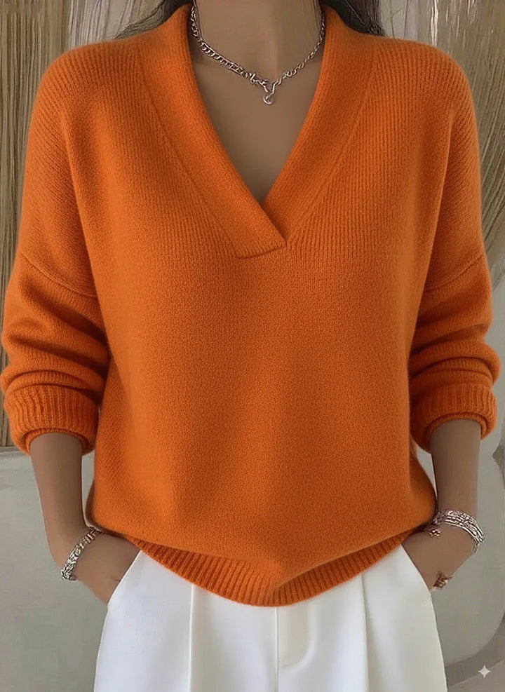 New Women V Neck Knit Sweater Long Sleeve Ribbed Cuff Loose Fit Solid Color Soft Warm Pullover Elegant Fall Winter Casual Jumper