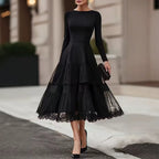 Amelia – Black Long-Sleeve Tiered Midi Dress
