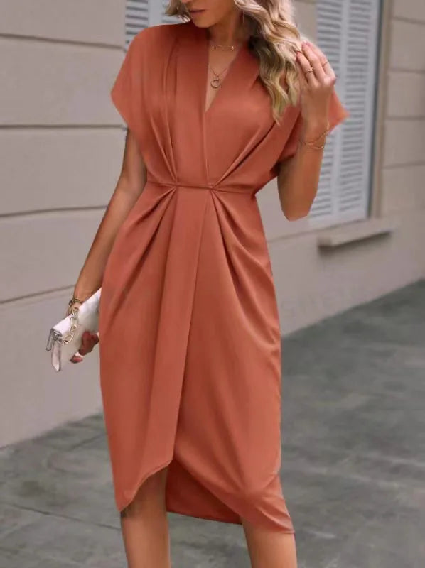 Amelia – V-Neck Waist-Tie Asymmetrical Midi Dress