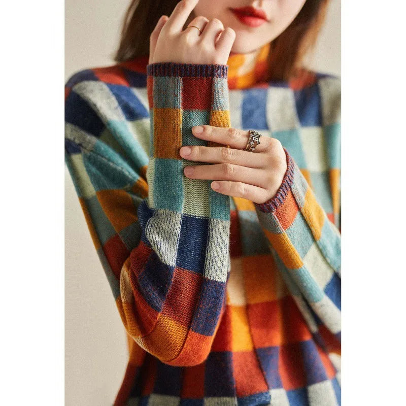 Ladies Checkered Knitted Pullover Oversized Color Block Turtleneck Sweater OL Commuter Winter Fashion