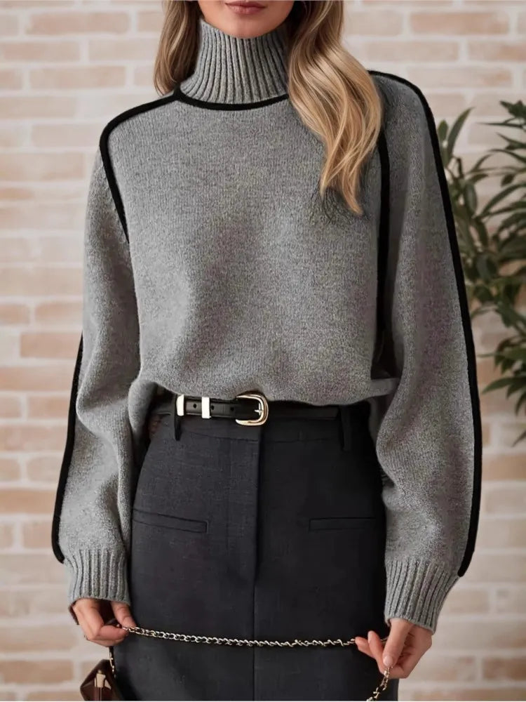 Autumn Winter Half-high Collar Three-dimensional Striped Slimming Casual Loose Pullover Sweater Top Women's Lazy Style Sweater
