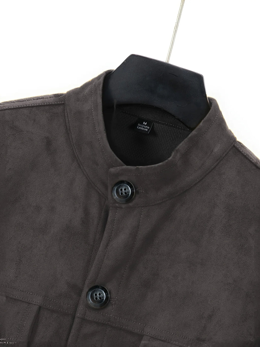 Men Retro Stand Collar Solid Color Faux Suede Jacket Button Front Chest Pockets Casual Workwear Motorcycle Workwear Outer Coat