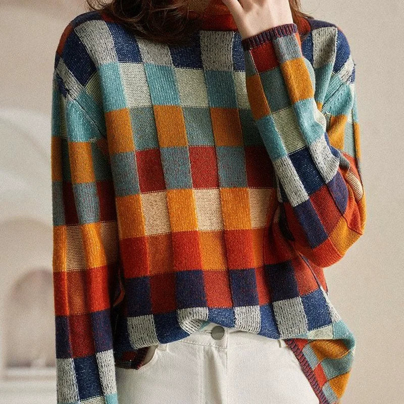 Ladies Checkered Knitted Pullover Oversized Color Block Turtleneck Sweater OL Commuter Winter Fashion