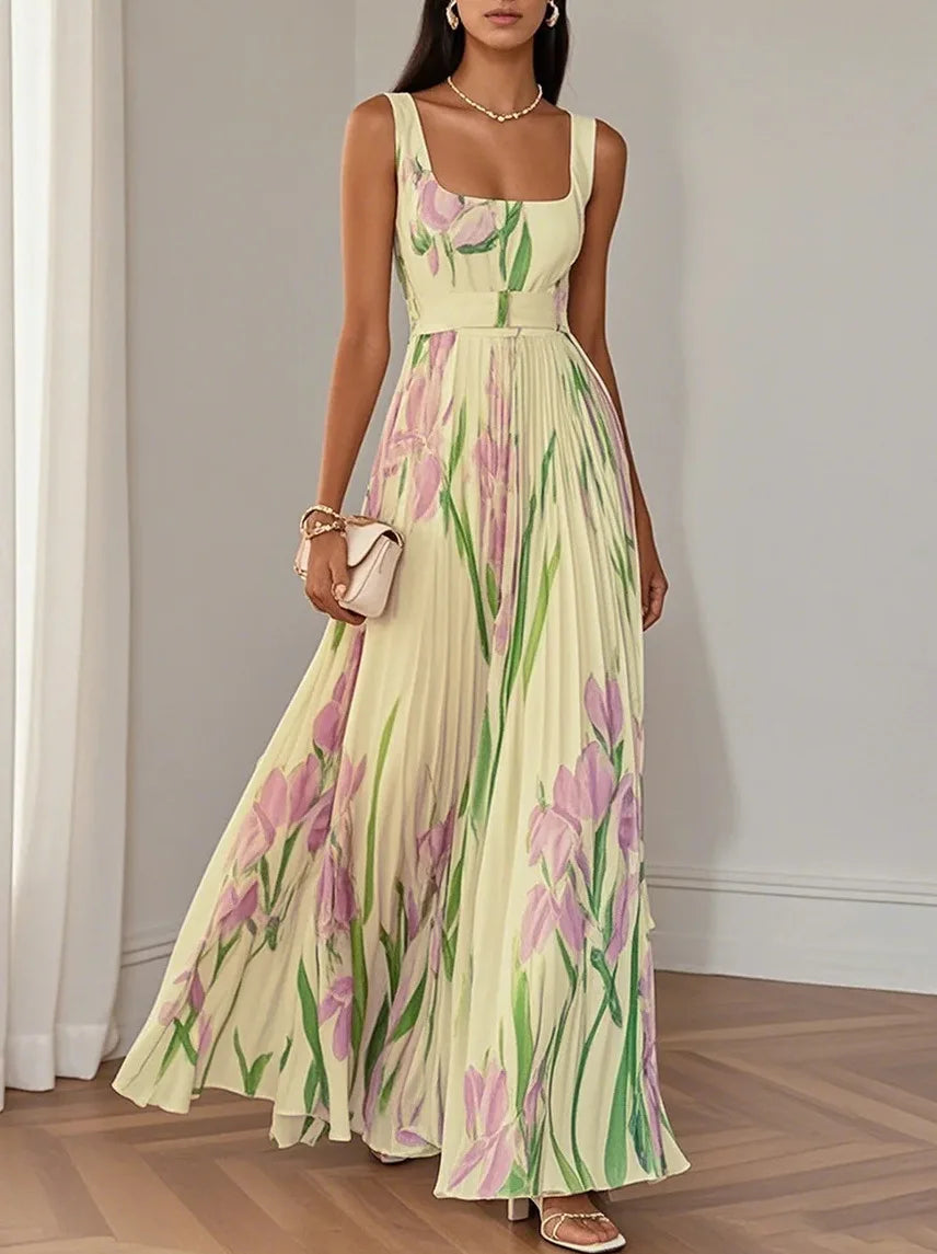 Sofia – Pleated Floral Square-Neck Maxi Dress