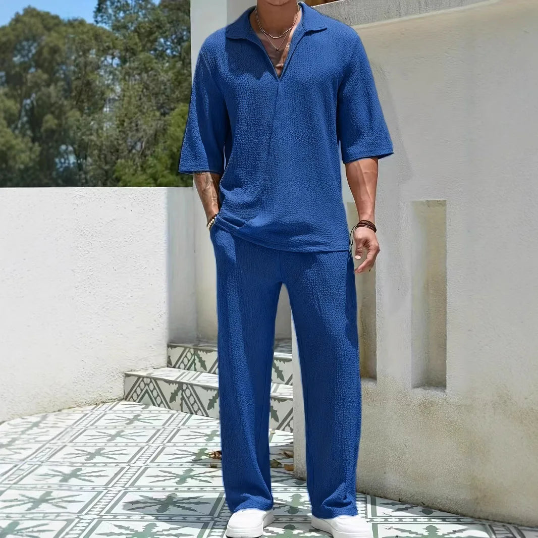Ethan – Men’s V-Neck Shirt & Wide-Leg Pants Set